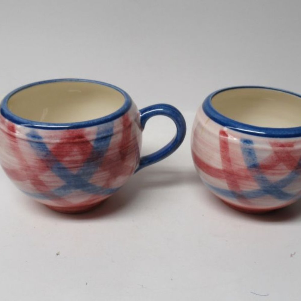 Metlox Vernon Ware Pink and Blue PLAID Creamer and Open Sugar Bowl Set HTF